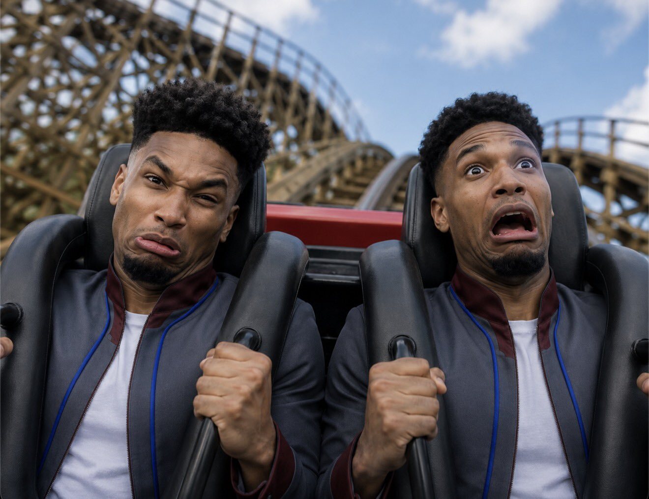 Two of him screaming on a rollercoaster